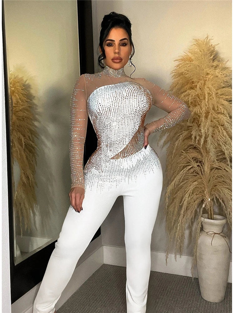 Women's Sexy Long Sleeve Rhinestones Mesh Patchwork See Through One Pieces Jumpsuits Romper Clubwear Birthday Outfits