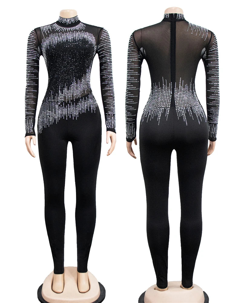 Women's Sexy Long Sleeve Rhinestones Mesh Patchwork See Through One Pieces Jumpsuits Romper Clubwear Birthday Outfits