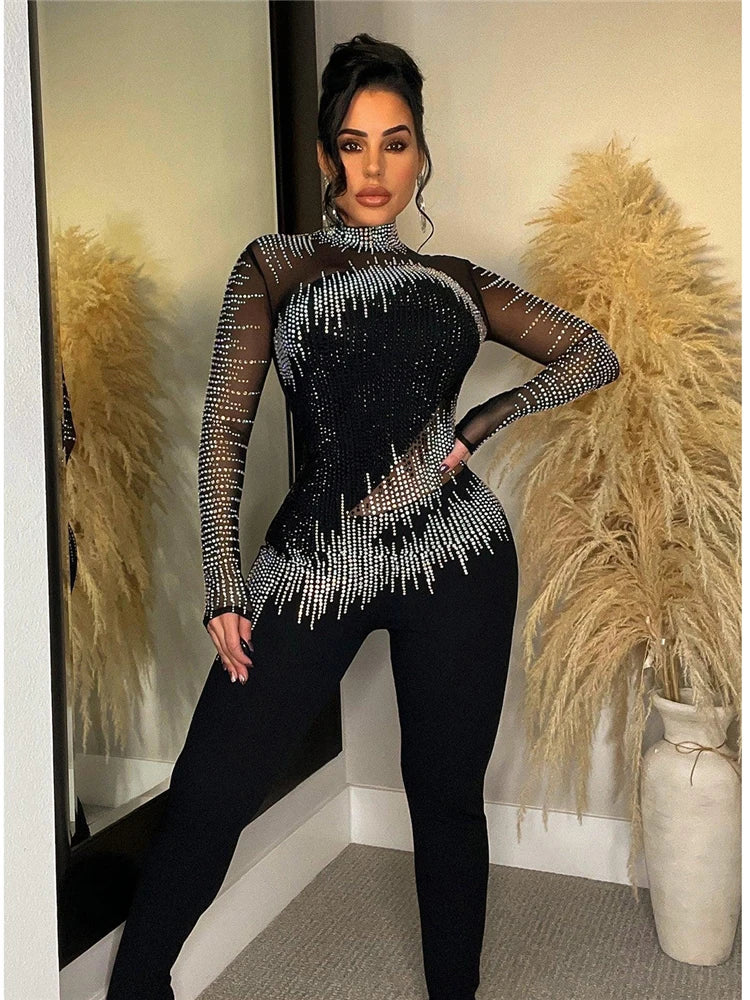 Women's Sexy Long Sleeve Rhinestones Mesh Patchwork See Through One Pieces Jumpsuits Romper Clubwear Birthday Outfits