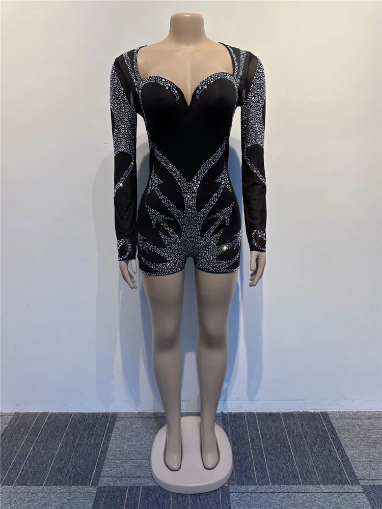 Women's Sexy Sequin Rhinestone Mesh Bodycon Short Jumpsuit Square Neck Long Sleeve Clubwear Slim Party Romper Jumpsuit