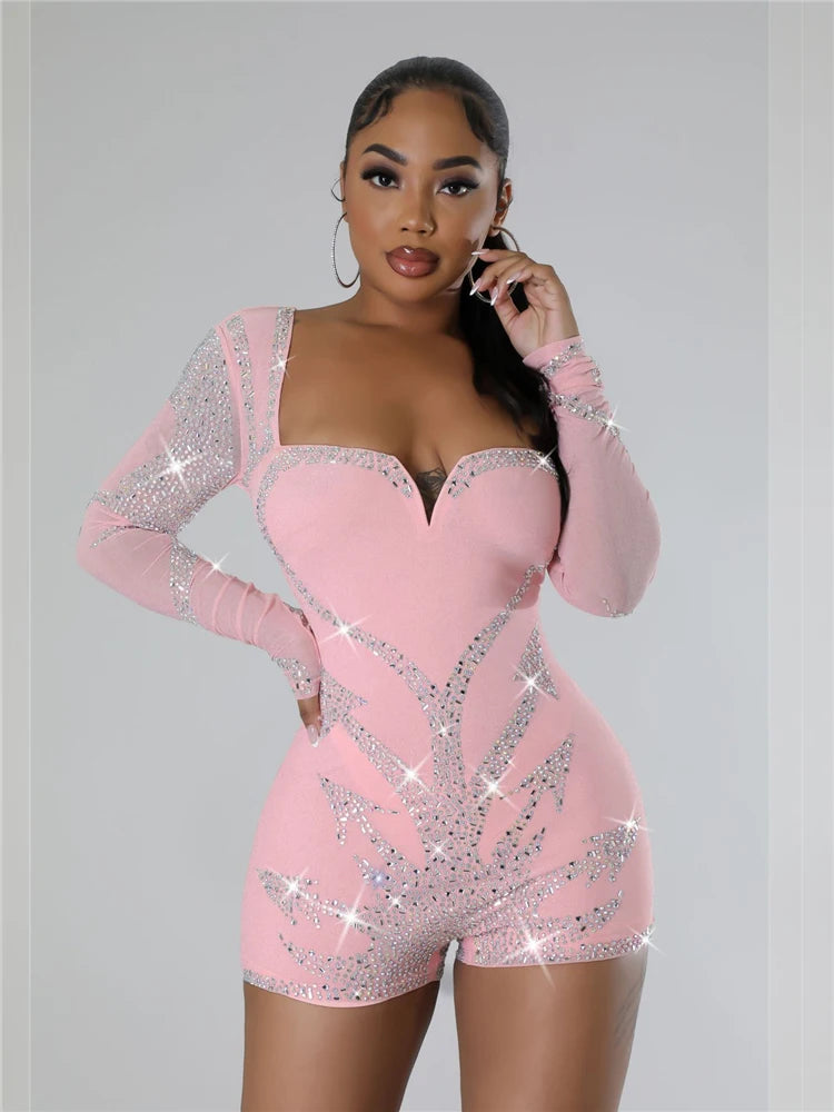 Women's Sexy Sequin Rhinestone Mesh Bodycon Short Jumpsuit Square Neck Long Sleeve Clubwear Slim Party Romper Jumpsuit