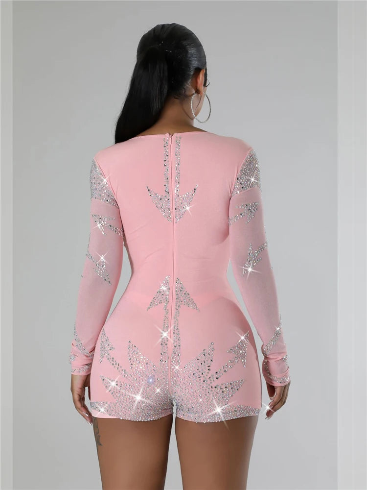 Women's Sexy Sequin Rhinestone Mesh Bodycon Short Jumpsuit Square Neck Long Sleeve Clubwear Slim Party Romper Jumpsuit
