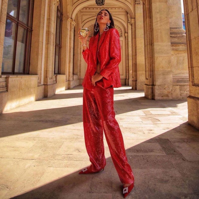 Red Sequin Layer Pant Suit Woman Suit Jacket + Pant Set Casual/ Formal/ Party