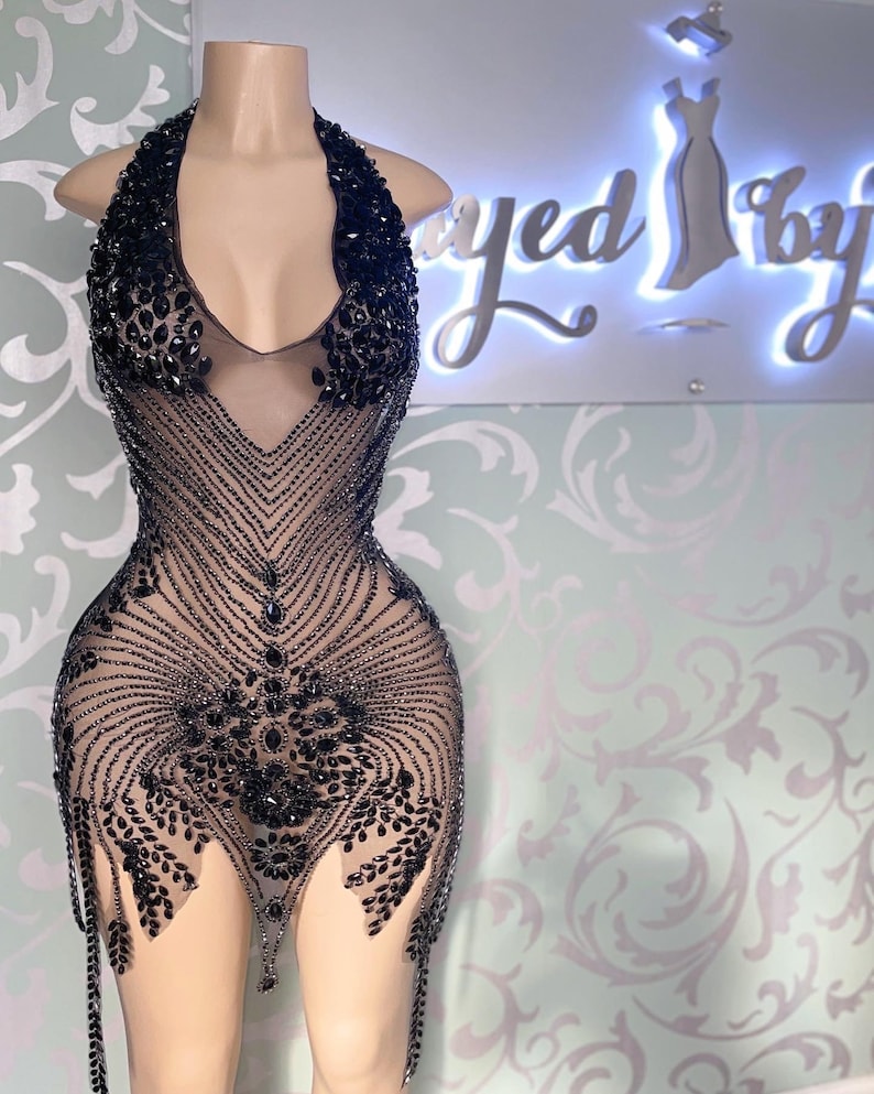 Nia Rhinestone Mini Dress / Pink / Black