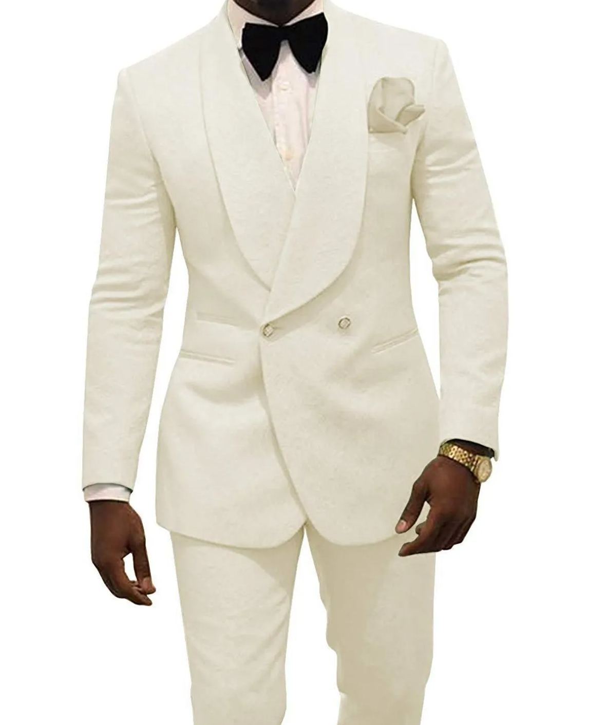 Custom Made Ivory Jacquard Groomsmen Groom Tuxedos Double Breasted Men Suits Wedding Blazer 2 Pieces Costume Homme