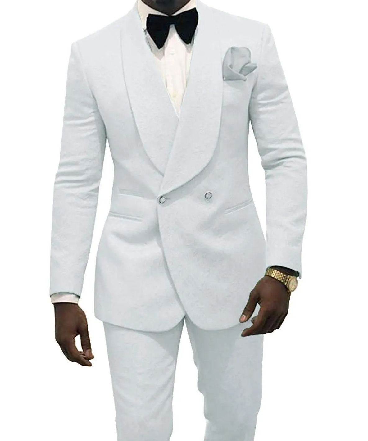 Custom Made Ivory Jacquard Groomsmen Groom Tuxedos Double Breasted Men Suits Wedding Blazer 2 Pieces Costume Homme