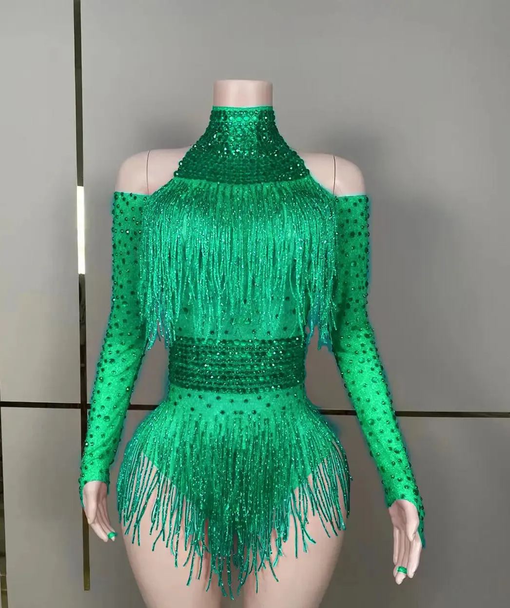 Fringe Stretch Rhinestone Body Suits for Women Long Sleeve Party Drag Queen Bodysuits Stage Wear Night Dance Costume