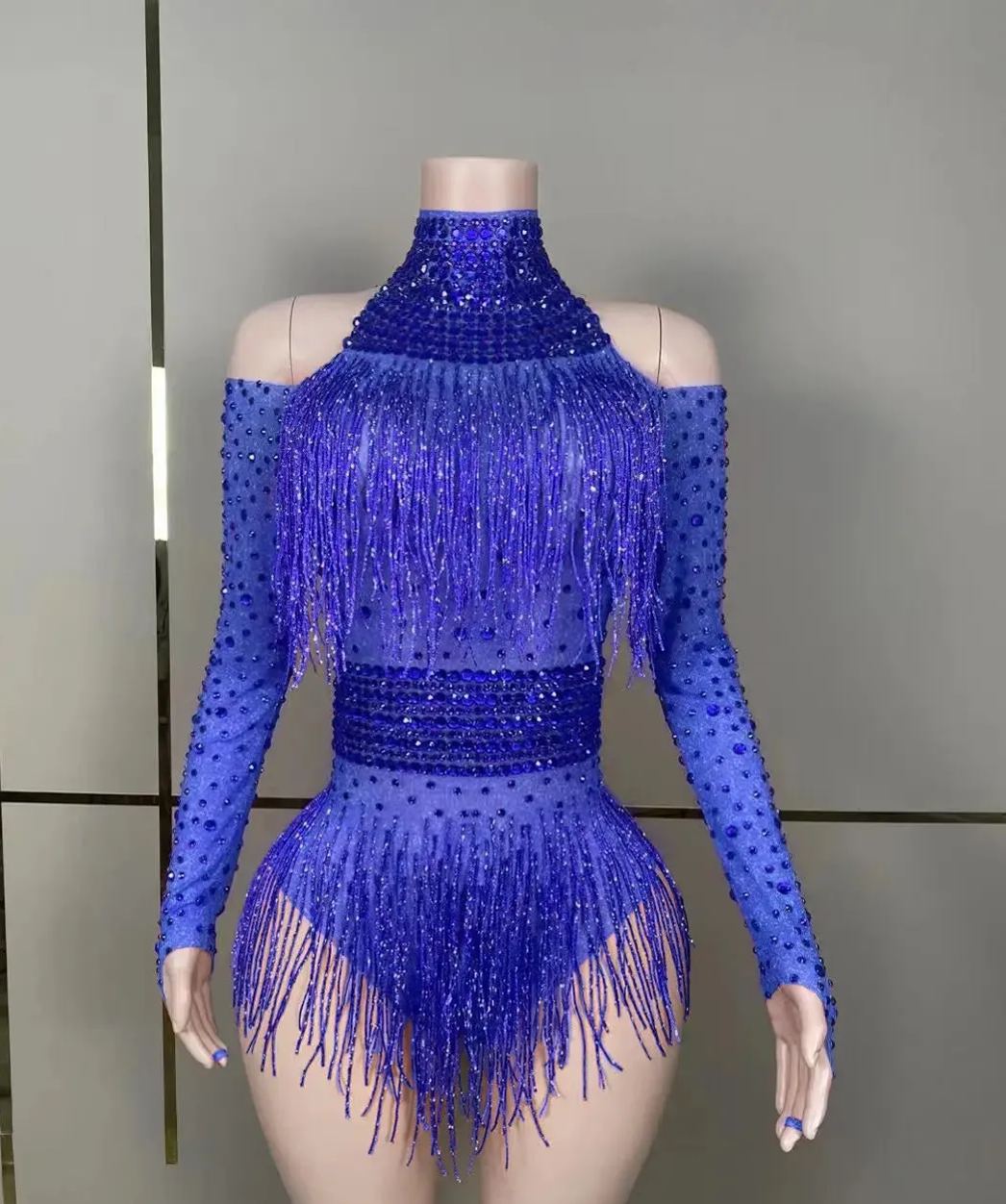 Fringe Stretch Rhinestone Body Suits for Women Long Sleeve Party Drag Queen Bodysuits Stage Wear Night Dance Costume