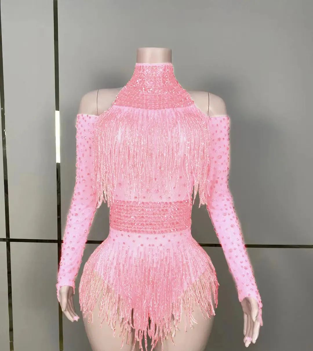Fringe Stretch Rhinestone Body Suits for Women Long Sleeve Party Drag Queen Bodysuits Stage Wear Night Dance Costume
