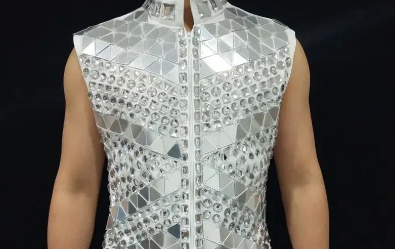 Glitter Mirror Rhinestone Waistcoat Sequin Crystal Vest Coat for Male Singer Bar Concert Stage Performance Drummer Dance Costume