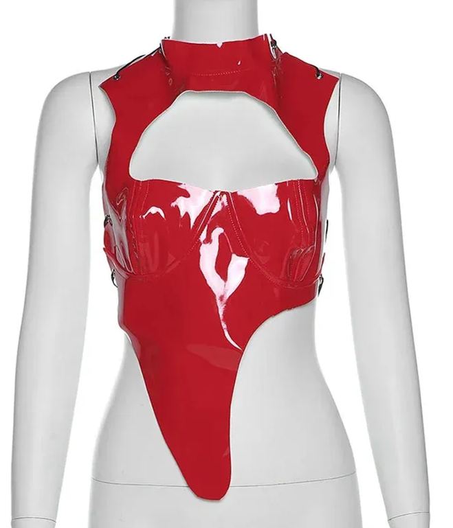 Party Women Shiny Silver Bustiers Crop Tops Irregular Cutout Tank Vest Metallic Silver Leather Slim Backless Bandage Corset Tops