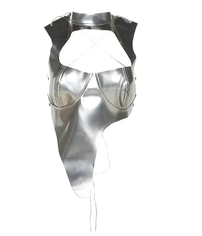 Party Women Shiny Silver Bustiers Crop Tops Irregular Cutout Tank Vest Metallic Silver Leather Slim Backless Bandage Corset Tops