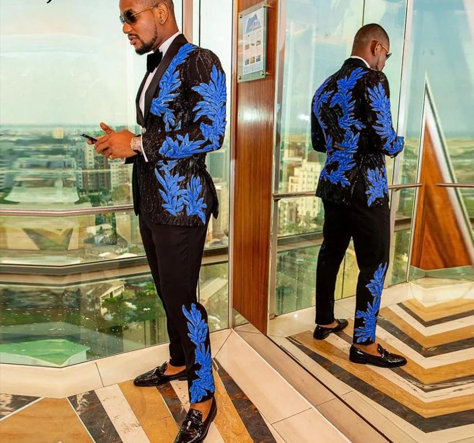 Black Men Suits with Embroidery Beaded Two Pieces Shawl Lapel Designer Wedding Tuxedos Gold Mens Jacket and Pants