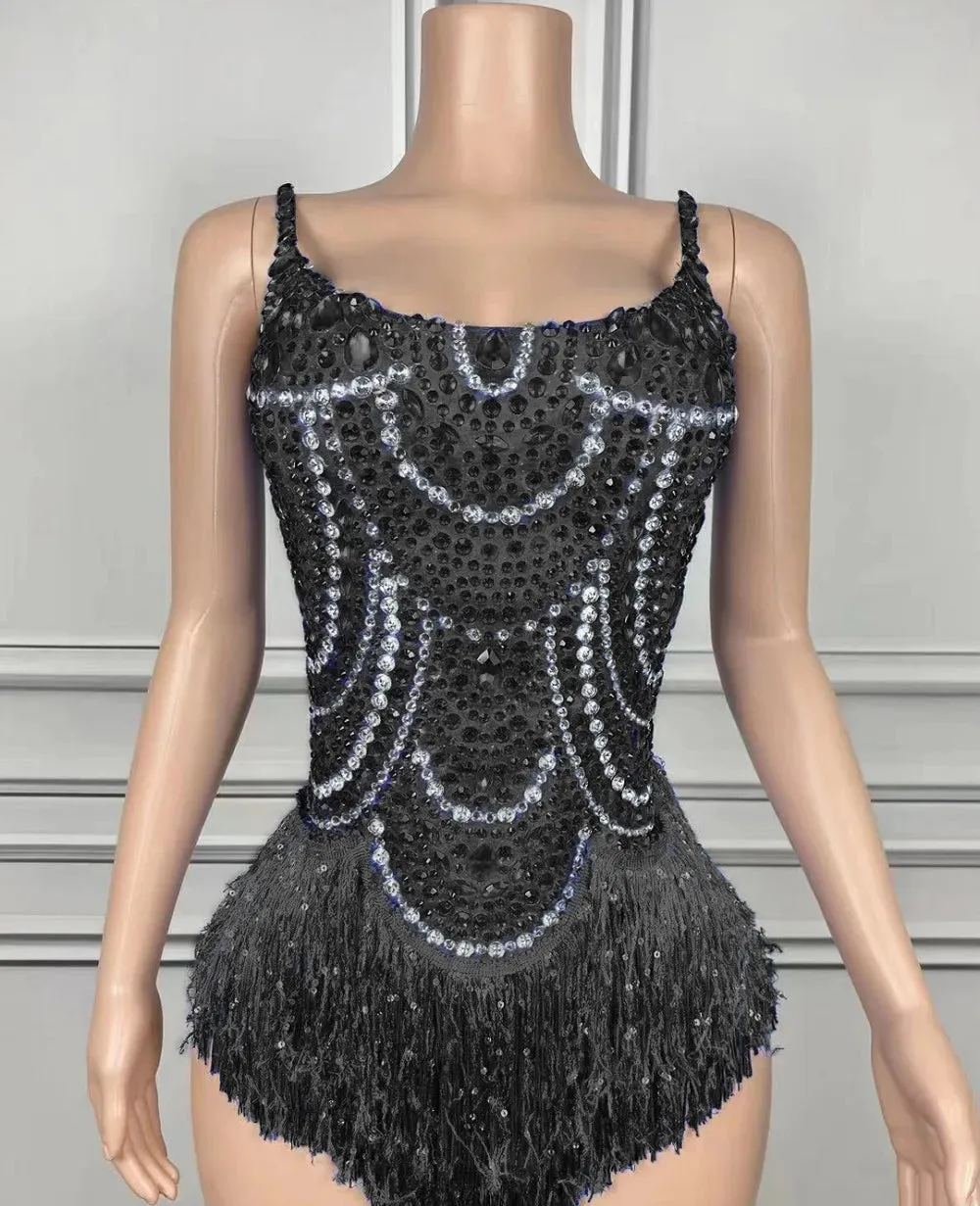 Sparkly Blue Rhinestones Tassels Bodysuit Women Sexy Show Performance Dance Costume Nightclub Outfit Singer Dancer Stage Wear