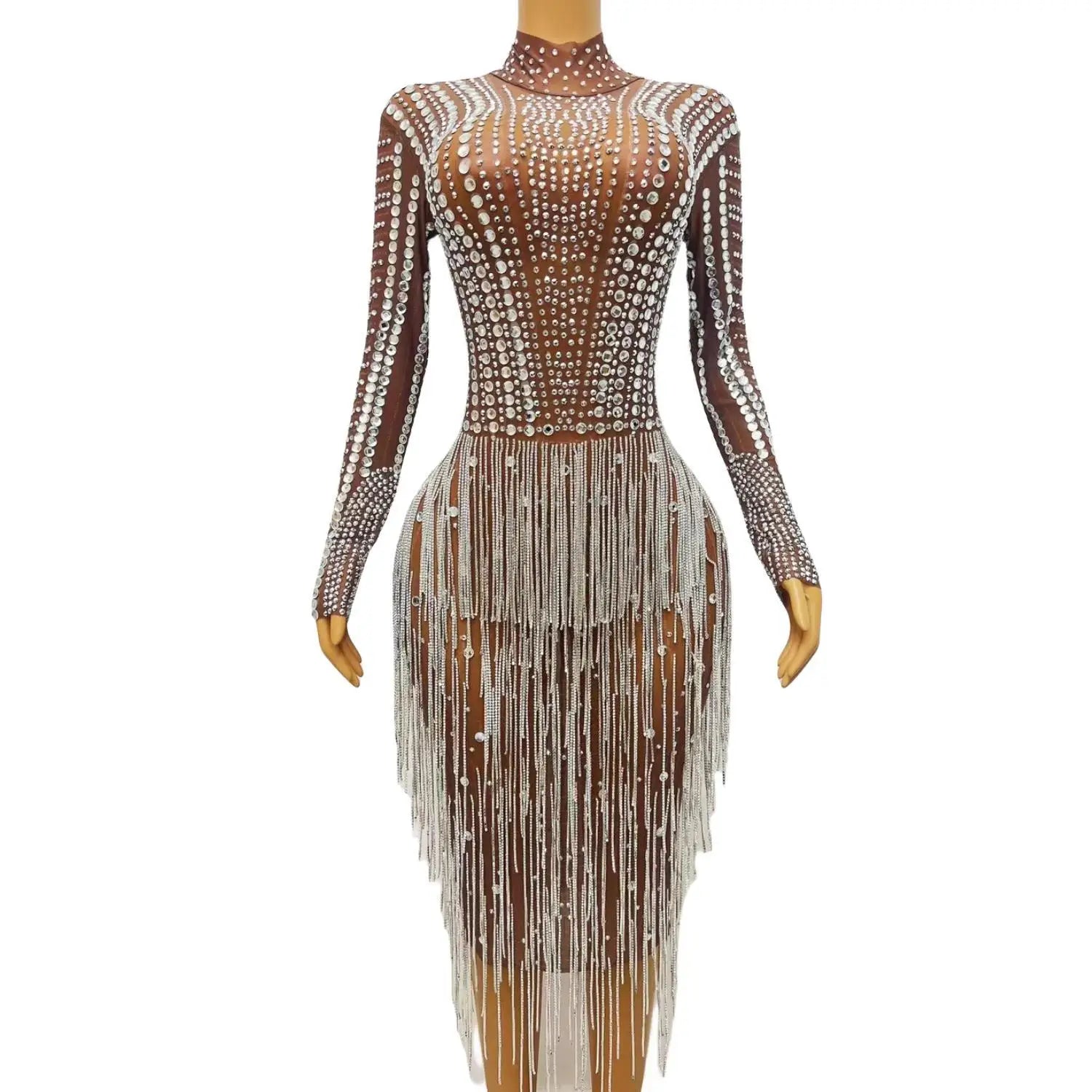 luxurious Crystals Fringes Dress Sexy Evening Party Prom Dresses Black Girls Silver Rhinestones Mesh Celebrate Dresses