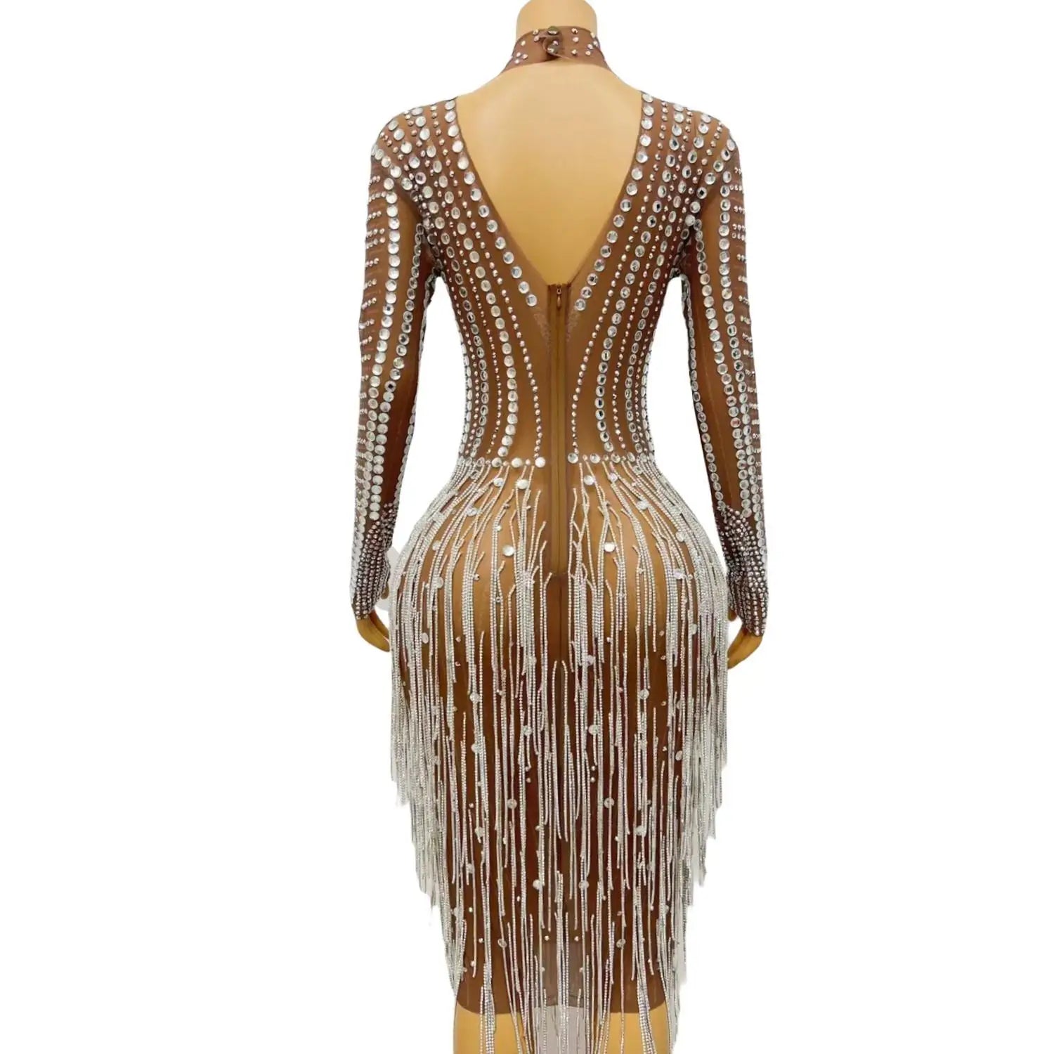 luxurious Crystals Fringes Dress Sexy Evening Party Prom Dresses Black Girls Silver Rhinestones Mesh Celebrate Dresses