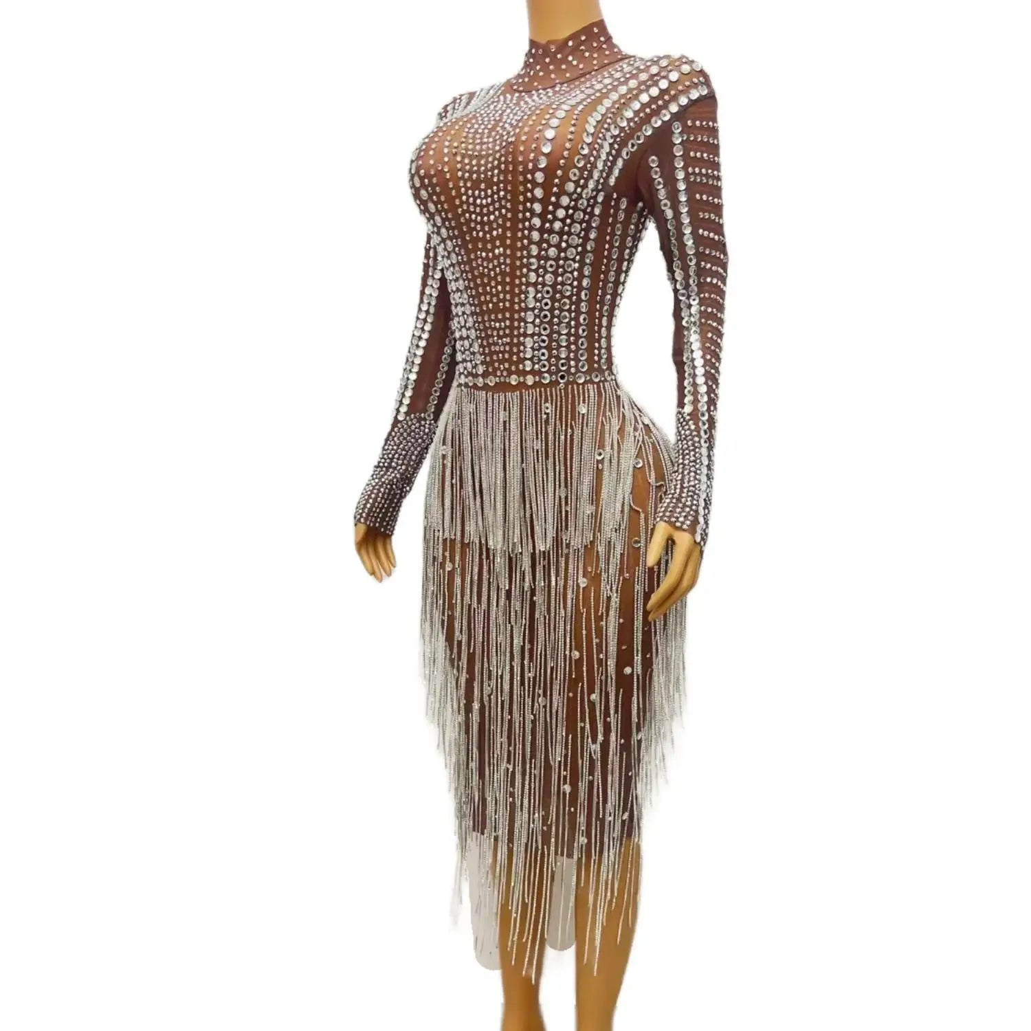 luxurious Crystals Fringes Dress Sexy Evening Party Prom Dresses Black Girls Silver Rhinestones Mesh Celebrate Dresses