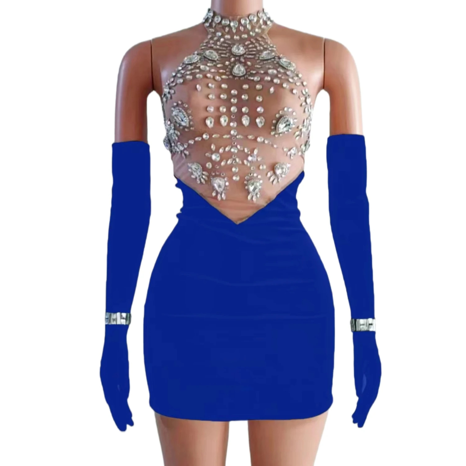 Sexy Black Velvet Crystals Gloves Rhinestones Transparent Dress Evening Dancer Outfit Birthday Celebrate Costume Host Dress