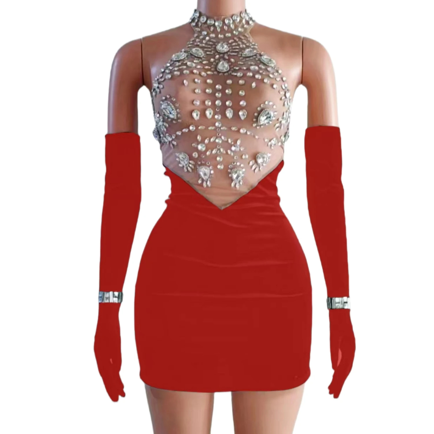 Sexy Black Velvet Crystals Gloves Rhinestones Transparent Dress Evening Dancer Outfit Birthday Celebrate Costume Host Dress
