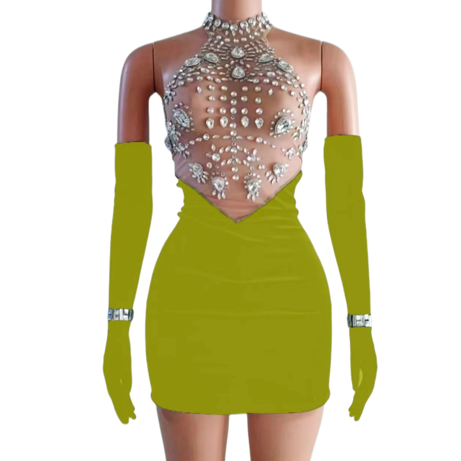 Sexy Black Velvet Crystals Gloves Rhinestones Transparent Dress Evening Dancer Outfit Birthday Celebrate Costume Host Dress