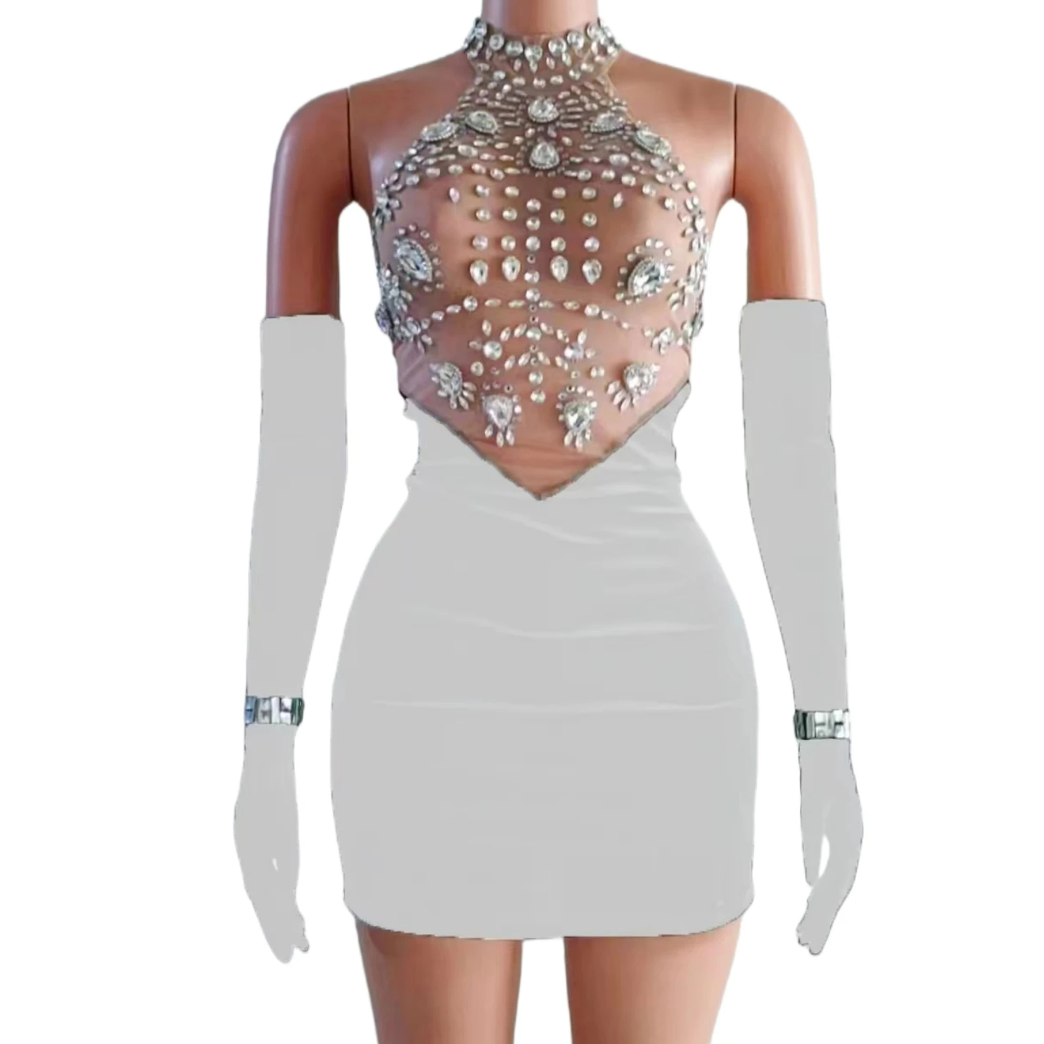 Sexy Black Velvet Crystals Gloves Rhinestones Transparent Dress Evening Dancer Outfit Birthday Celebrate Costume Host Dress