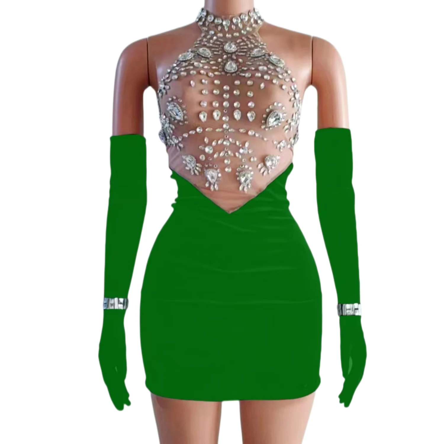 Sexy Black Velvet Crystals Gloves Rhinestones Transparent Dress Evening Dancer Outfit Birthday Celebrate Costume Host Dress