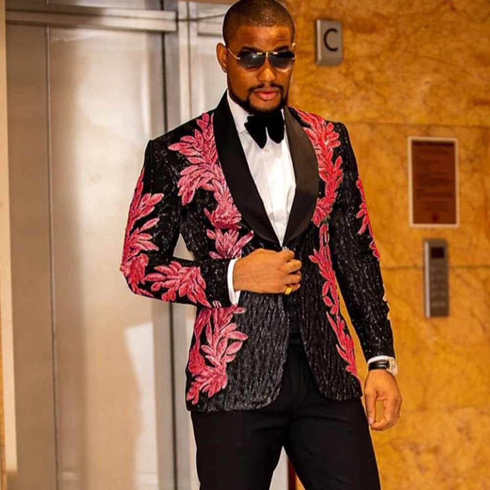 Black Men Suits with Embroidery Beaded Two Pieces Shawl Lapel Designer Wedding Tuxedos Gold Mens Jacket and Pants