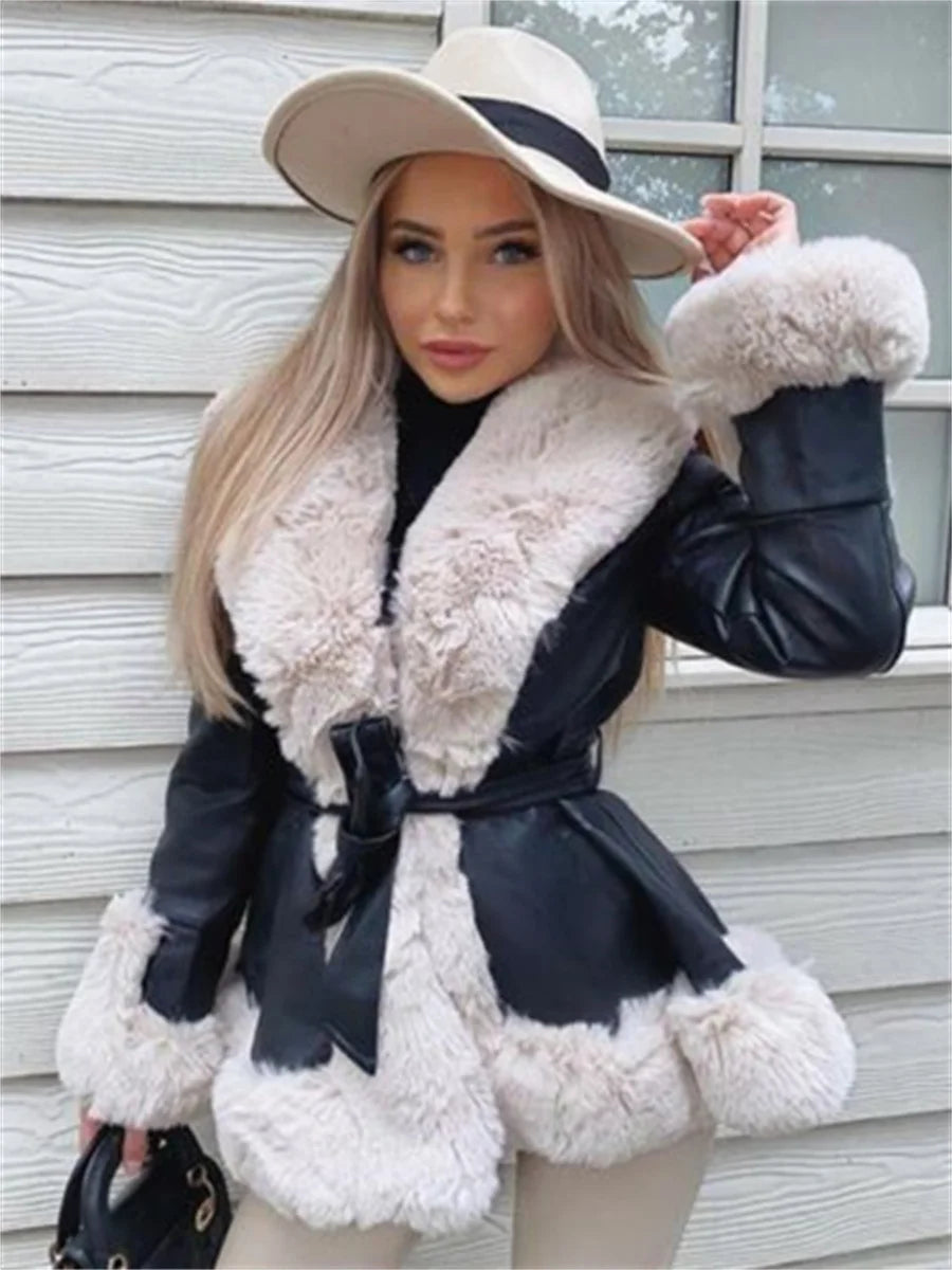 Furry Trim Patchwork PU Leather Jackets Women Fashion Contrast Color Plush Collar Warm Cardigan with Belt Warm Outwear