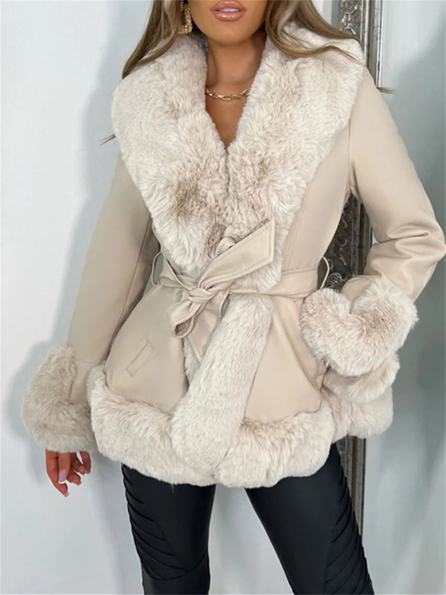 Furry Trim Patchwork PU Leather Jackets Women Fashion Contrast Color Plush Collar Warm Cardigan with Belt Warm Outwear