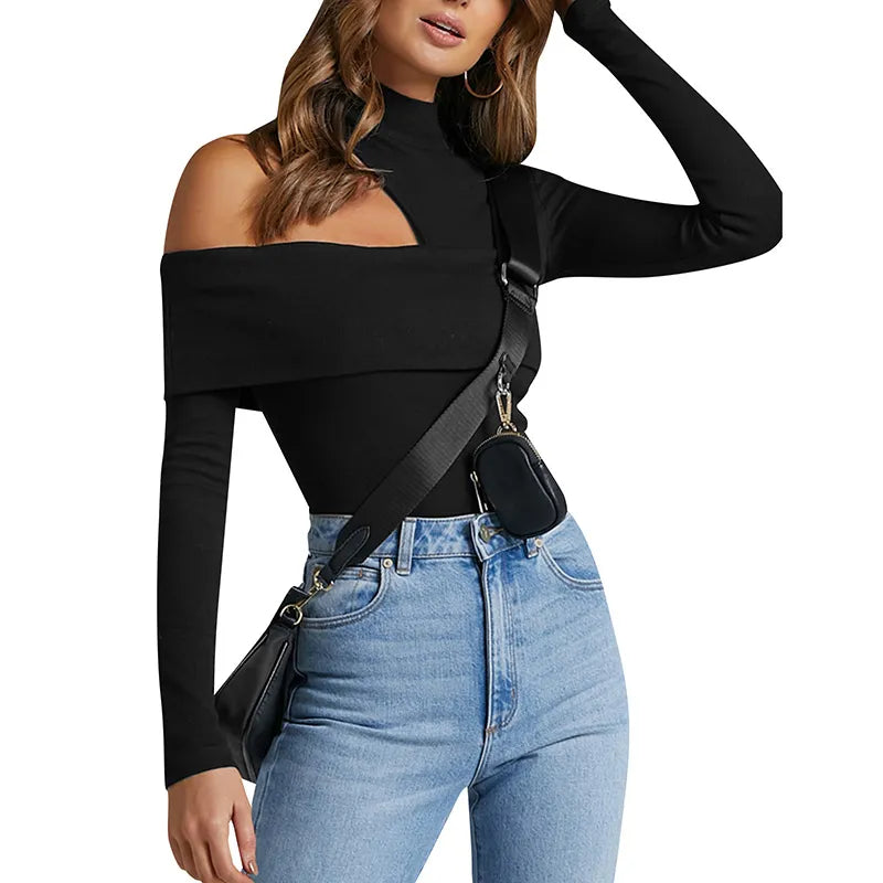 Women High-Collar Hollow-Shoulder T-Shirt Fall Winter Solid Color Long Sleeve Knitted Pullover Tops Chic Slim Fit Tees