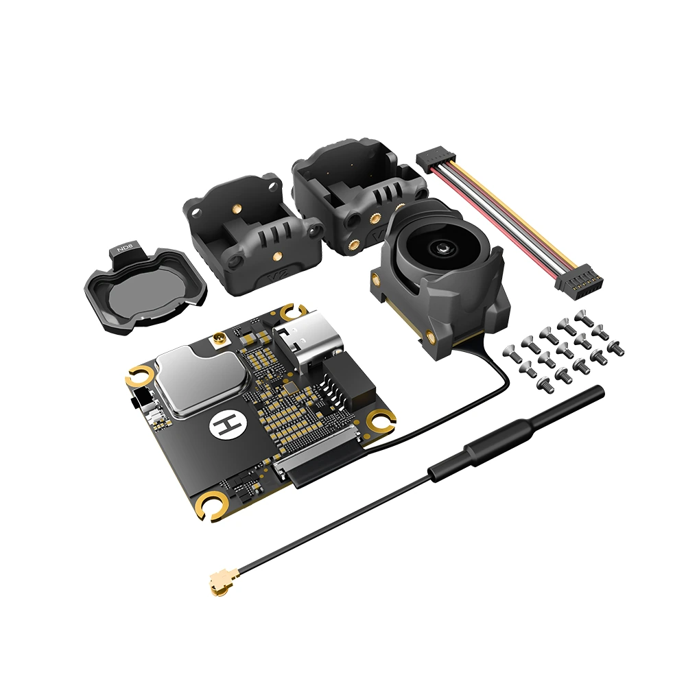 O4 Wide Air Unit package contents with camera shell, UV filter, antenna, wire harness, and screws