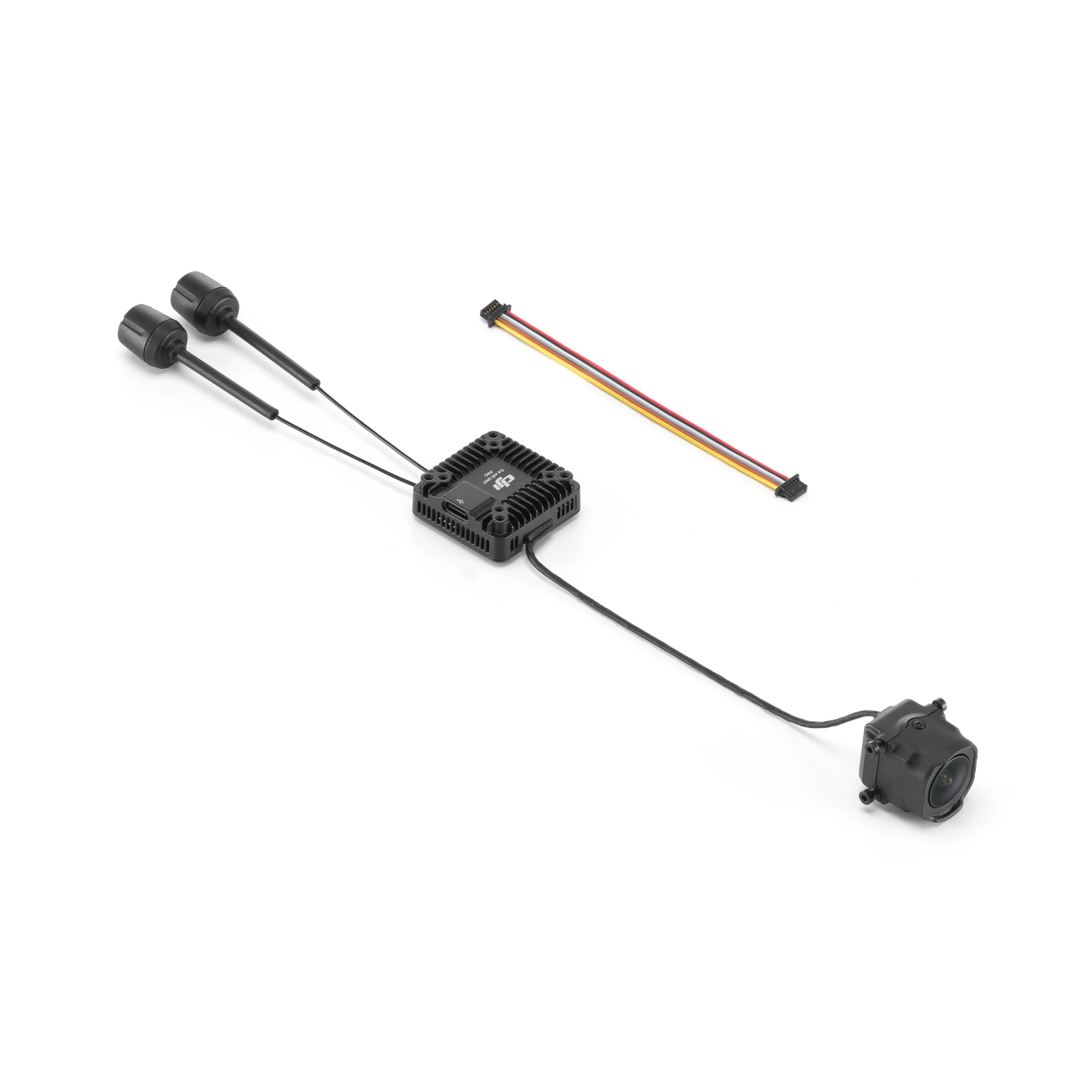 DJI O4 Air Unit Pro package contents with air unit, camera, antennas, and 3-in-1 cable