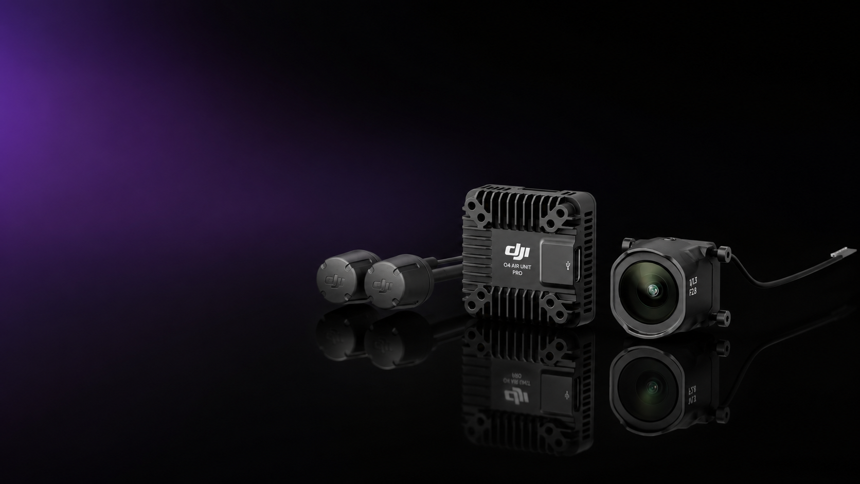 DJI O4 Air Unit Pro transmission module, camera, and antennas on a dark purple background