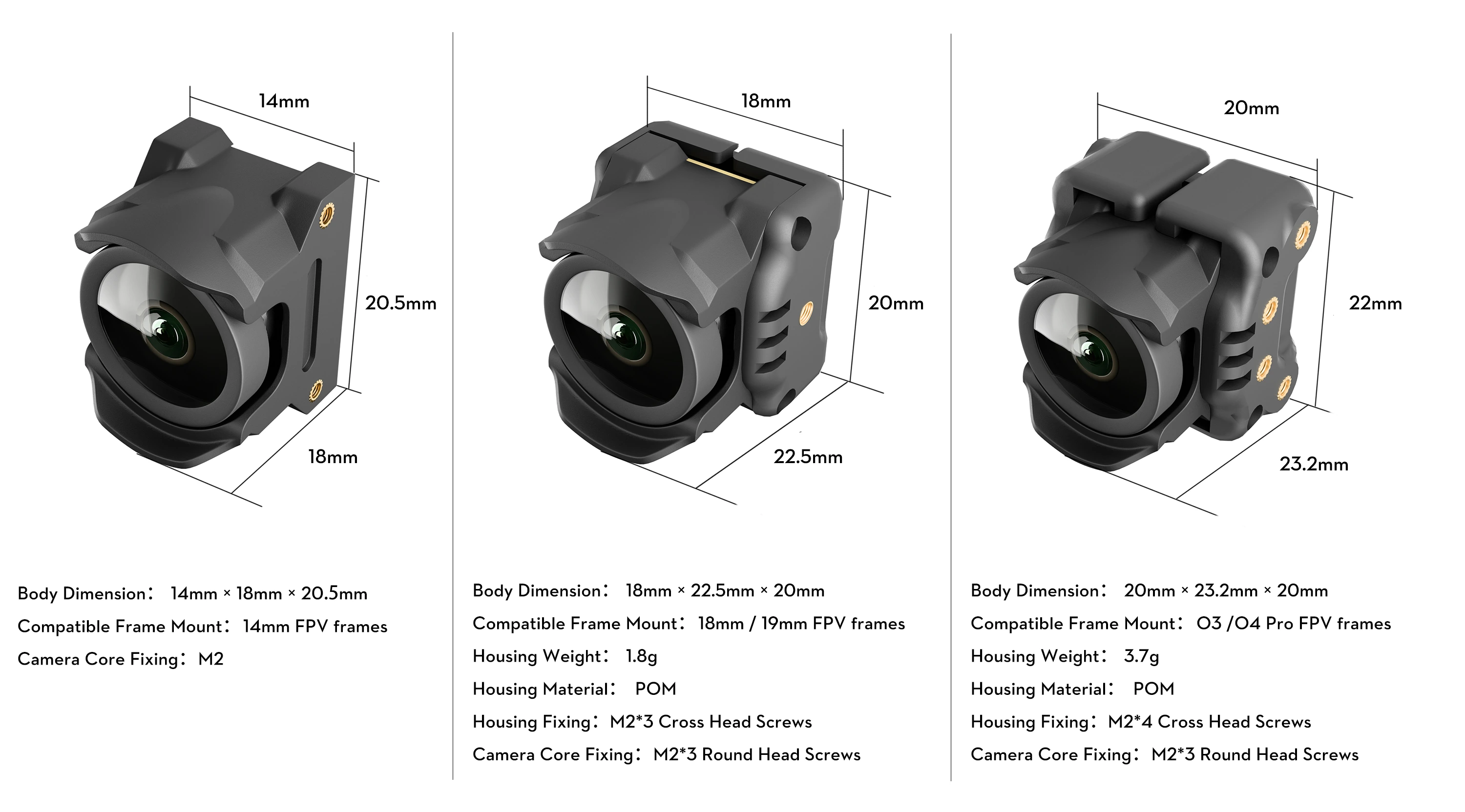 FLYWOO O4 Wide 14mm 18mm and 20mm camera housing size chart