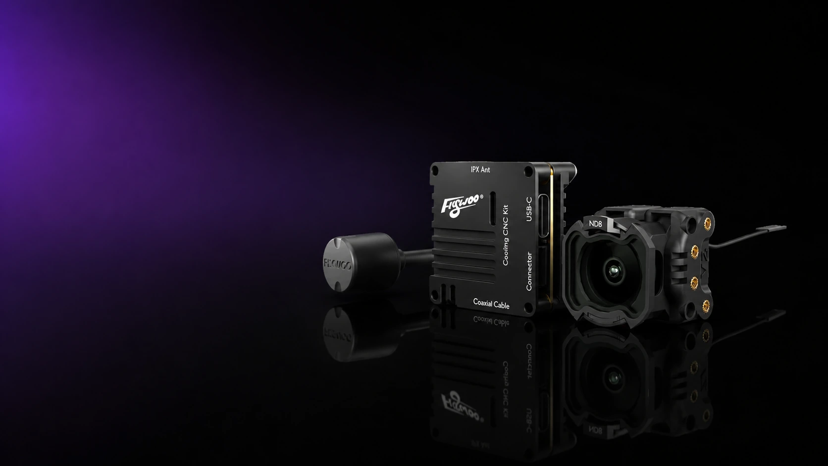 Flywoo DJI O4 WIDE Air Unit with ultra-wide camera and antenna on a dark purple background