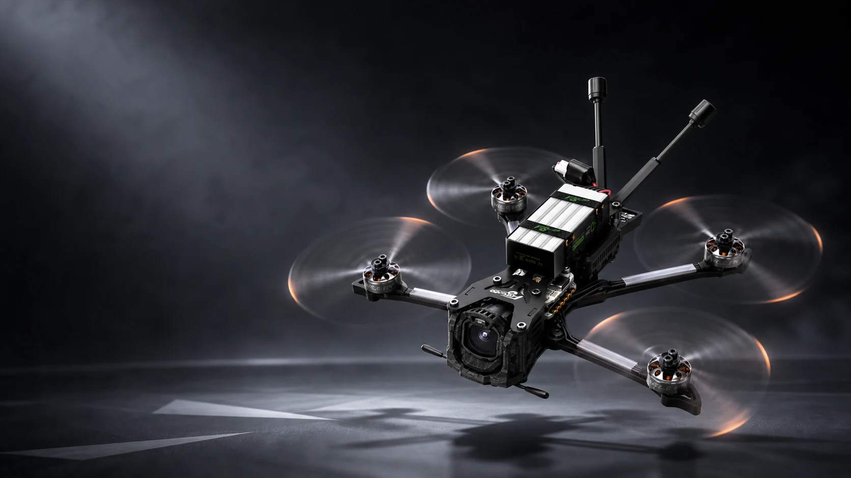 FLYWOO Explorer LR 4 O4 PRO V2 micro long-range FPV drone with battery in a dark studio scene