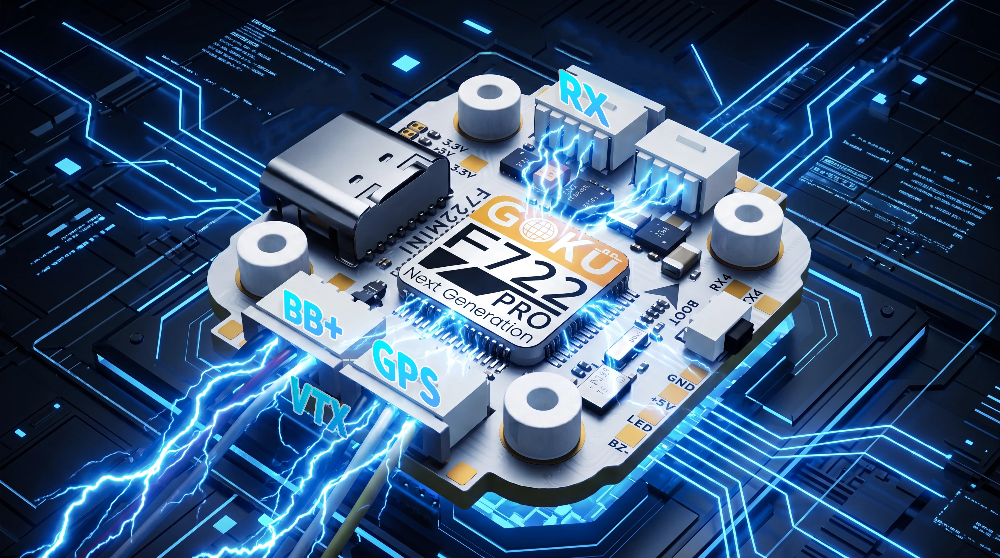 GOKU F722 Pro Mini V2 flight controller and 45A 32-bit ESC stack with blue power traces for the Explorer LR 4 O4 PRO V2