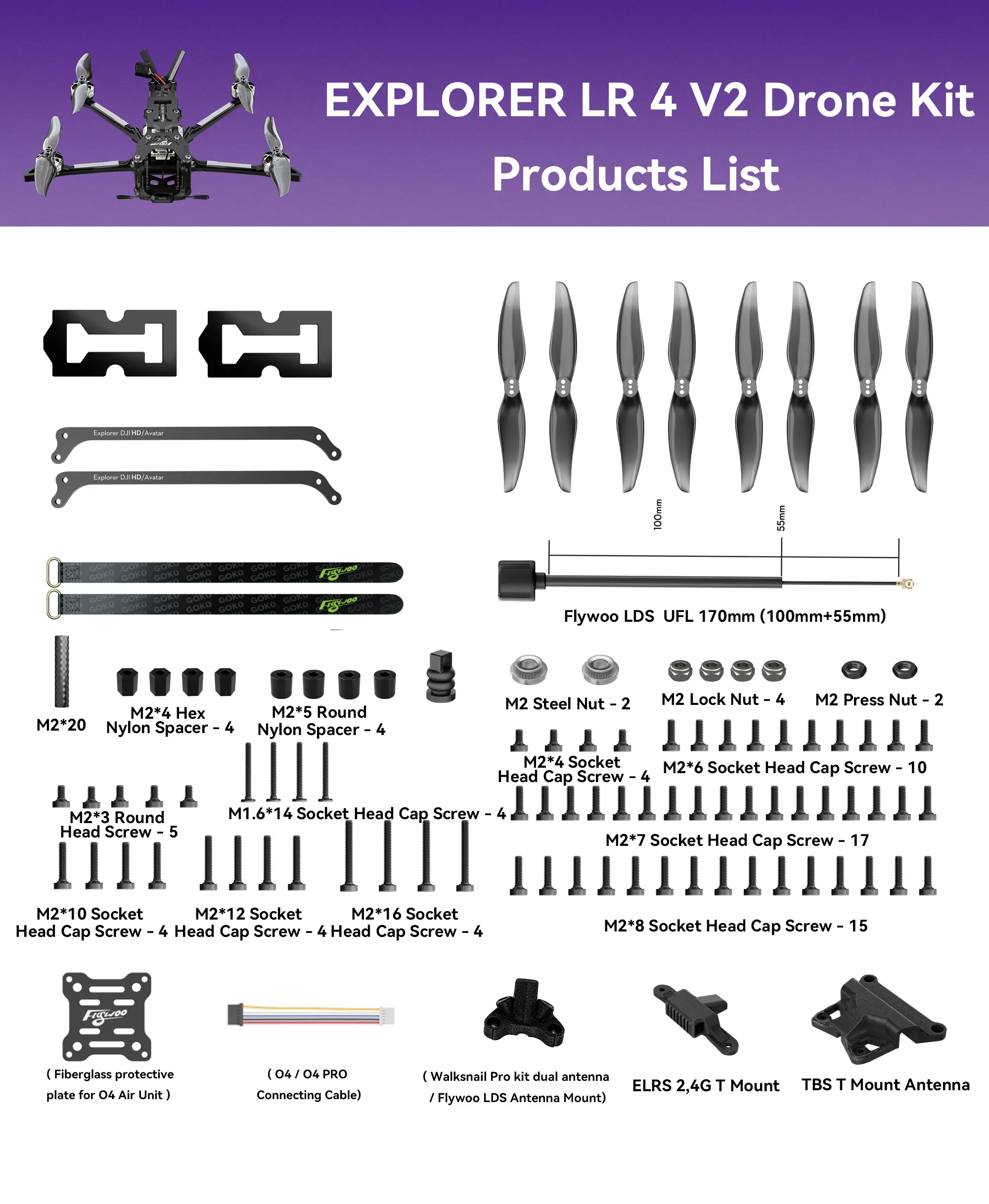 Explorer LR 4 O4 PRO V2 Drone Kit package contents