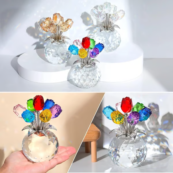 🔥Last Day 49% OFF - ❤️🌹Crystal Colorful Rose Flower Collectible Figurine with Vase