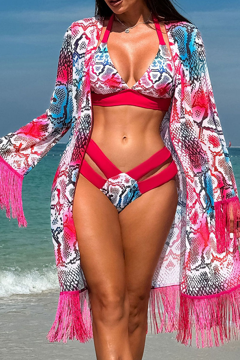 Women's Floral 3 Pieces Swimsuit with Tassel Kimono Cover up  | Swimsuit18