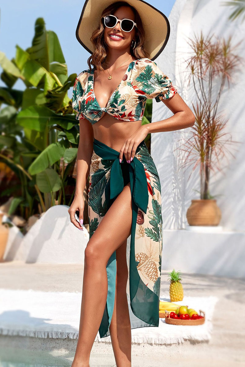 Women Floral Sexy Emerald Bikini With Cover Up Skirt | Swimsuit17