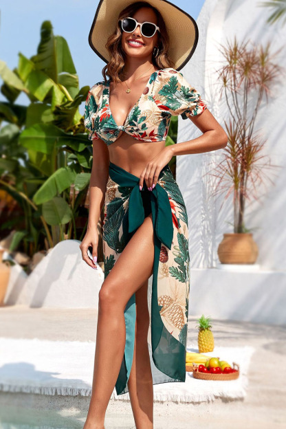 Women Floral Sexy Emerald Bikini With Cover Up Skirt | Swimsuit17