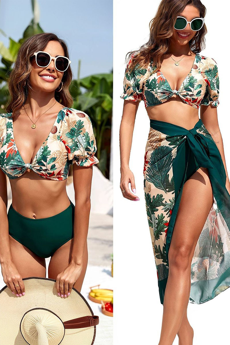 Women Floral Sexy Emerald Bikini With Cover Up Skirt | Swimsuit17