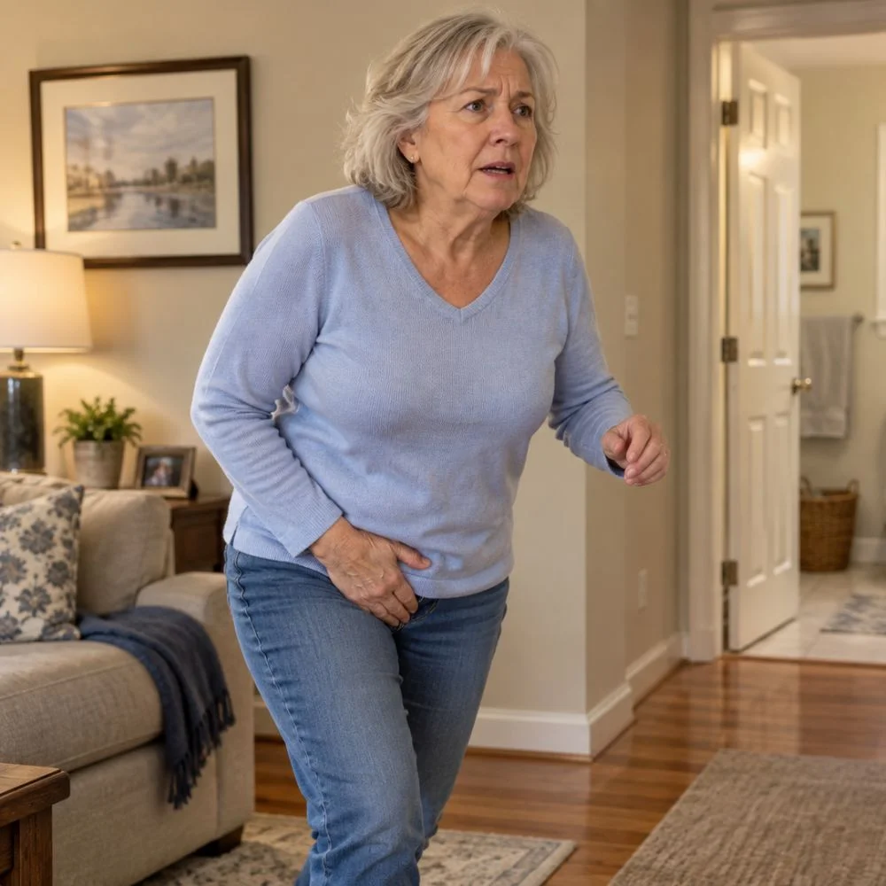 Woman hurrying toward the bathroom