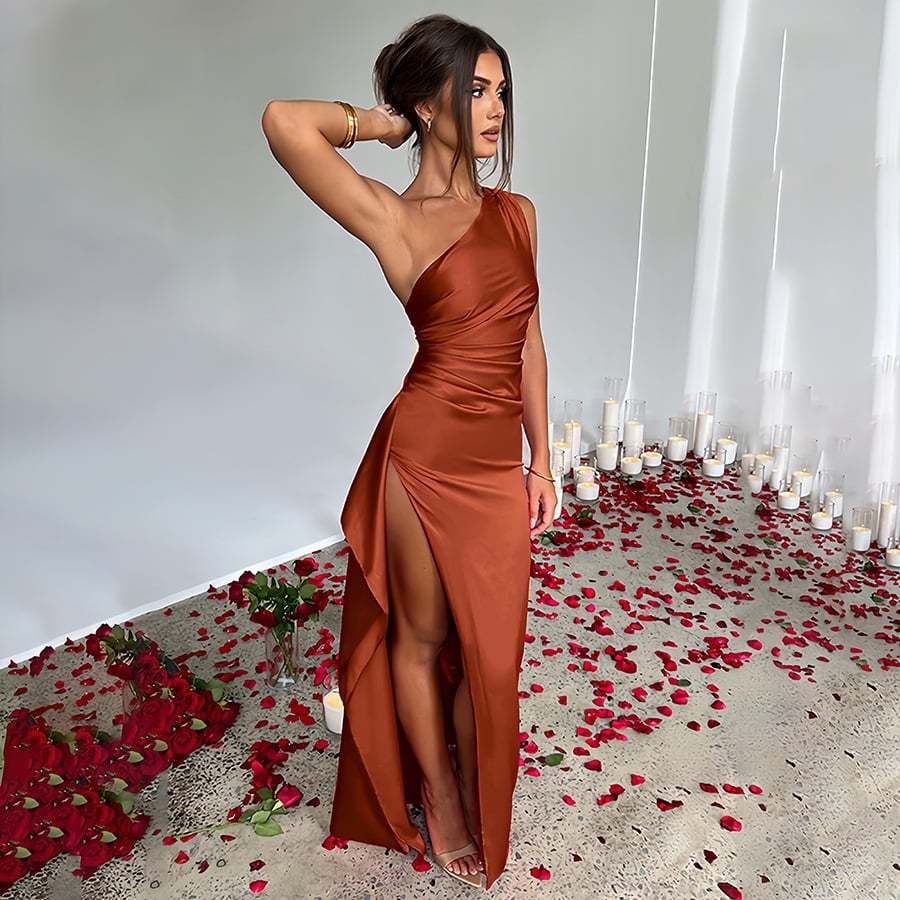 Women's Sexy One Shoulder Satin High Split Cocktail Fit Wedding Party Maxi Formal Dress