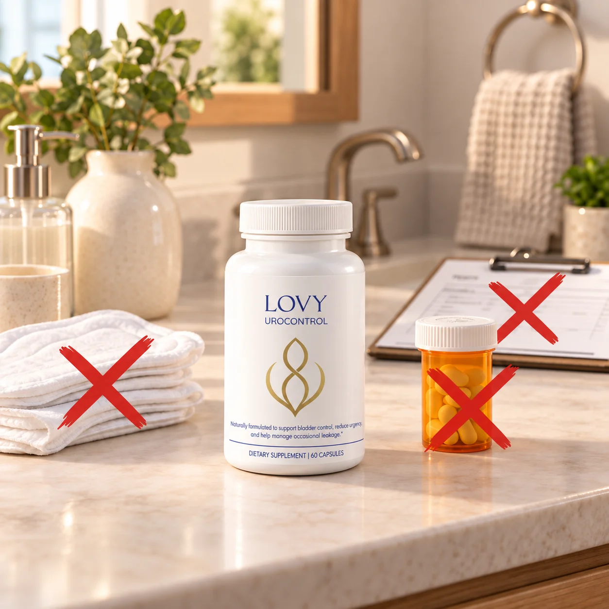 UroControl bottle on a bathroom counter beside crossed-out pads and pills
