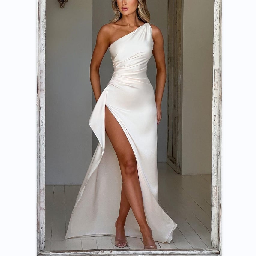 Women's Sexy One Shoulder Satin High Split Cocktail Fit Wedding Party Maxi Formal Dress