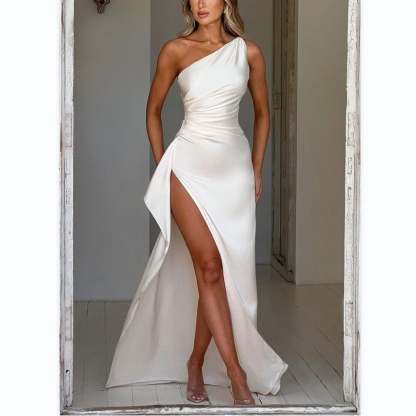 Women's Sexy One Shoulder Satin High Split Cocktail Fit Wedding Party Maxi Formal Dress