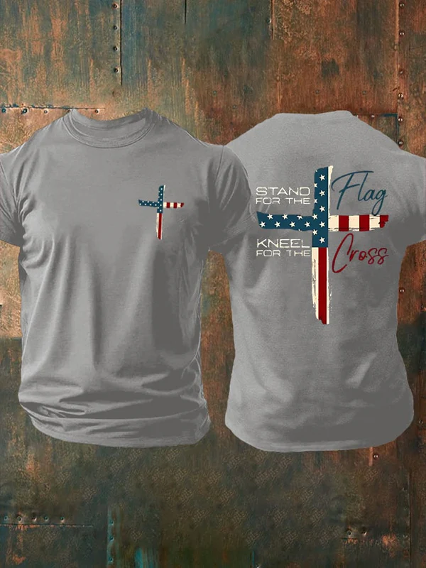 Men's Stand For The Flag Kneel For The Cross Printed Casual T-Shirt