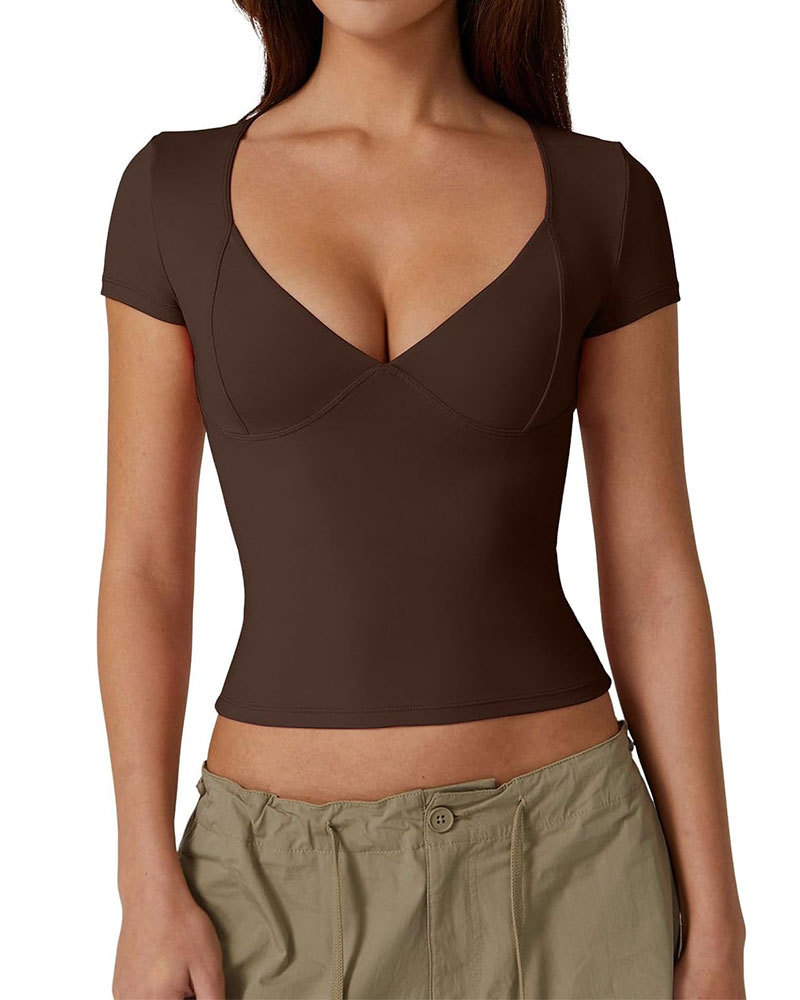 Women's V Neck Short Sleeve T Shirts Double Lined Tee Seamed Cup Going